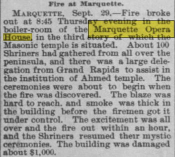 Marquette Opera House - Sep 29 1893 Article